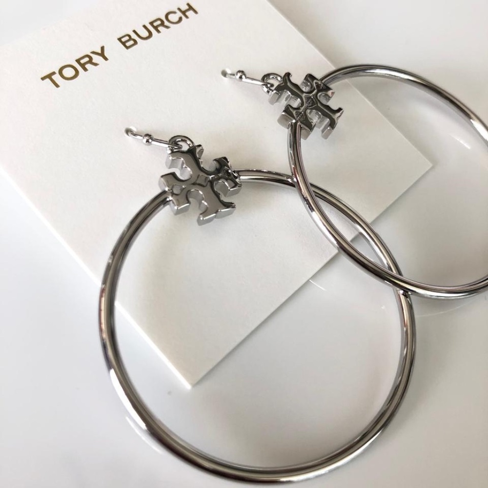 NEW Tory Burch Stacked Hoop Drop Earrings 1.5” Silver or Rose Gold - Picture 5 of 9